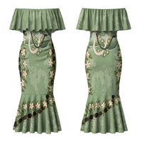 Hawaii Molokai Island Flowers Lei Couples Matching Mermaid Dress and Long Sleeve Button Shirt Kukui Nut Mossy Green