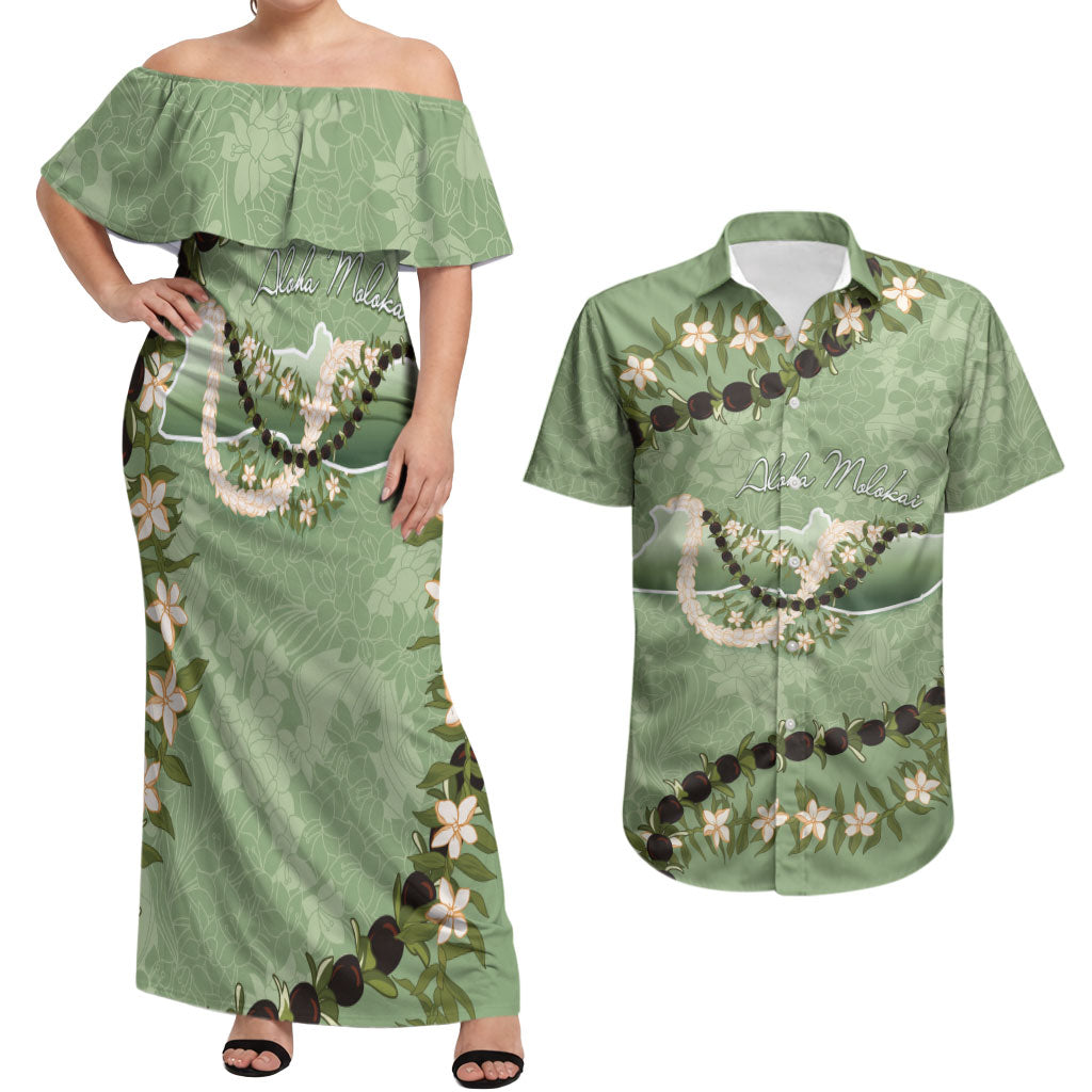 Hawaii Molokai Island Flowers Lei Couples Matching Off Shoulder Maxi Dress and Hawaiian Shirt Kukui Nut Mossy Green LT7 Moss Green - Polynesian Pride