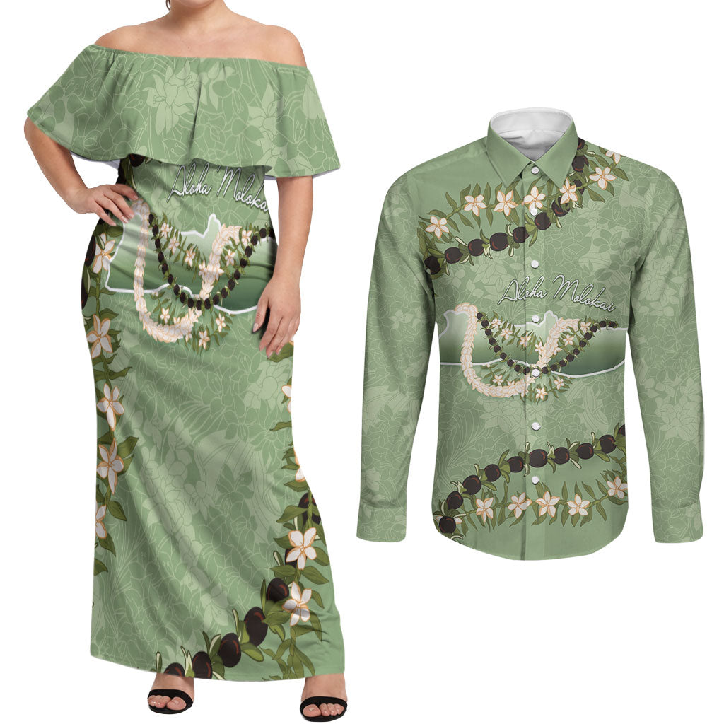 Hawaii Molokai Island Flowers Lei Couples Matching Off Shoulder Maxi Dress and Long Sleeve Button Shirt Kukui Nut Mossy Green