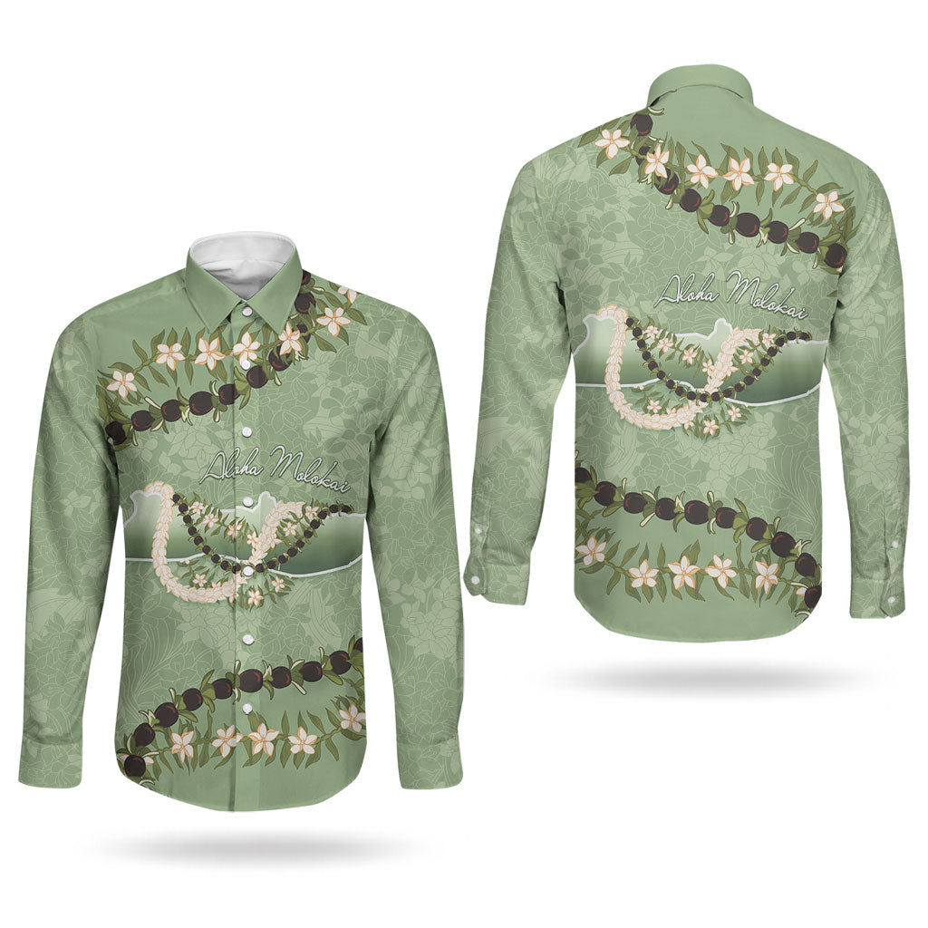 Hawaii Molokai Island Flowers Lei Couples Matching Off Shoulder Maxi Dress and Long Sleeve Button Shirt Kukui Nut Mossy Green