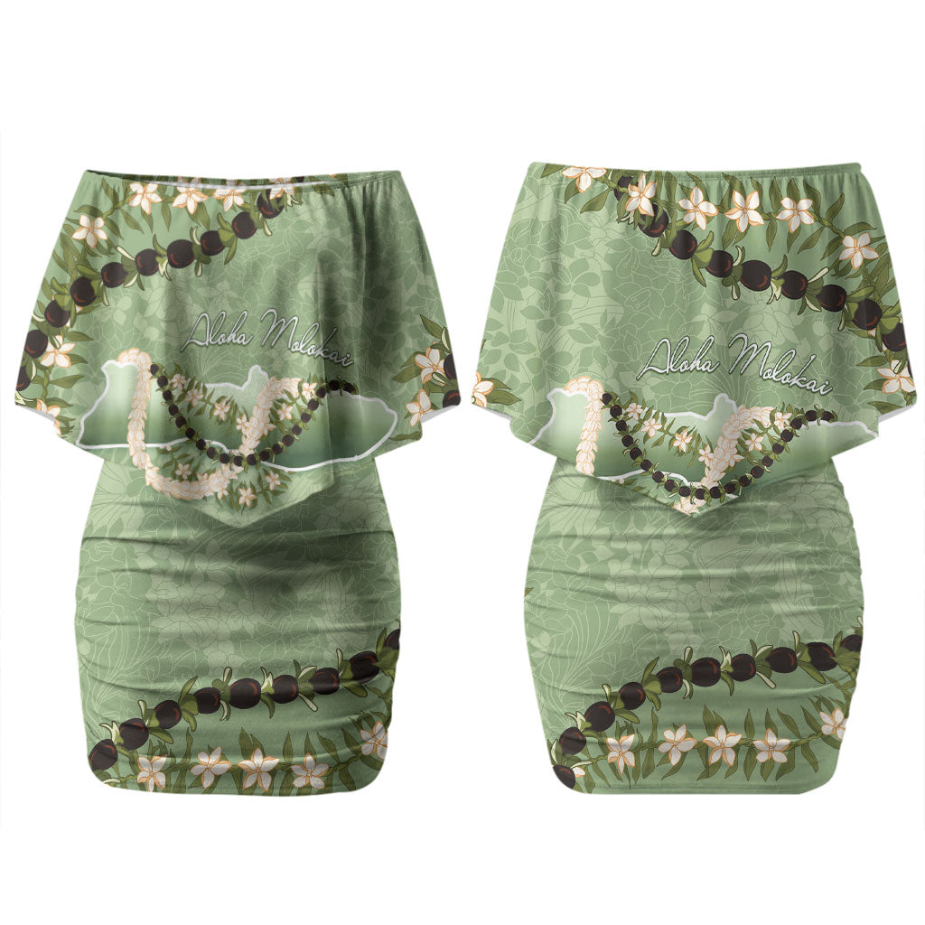 Hawaii Molokai Island Flowers Lei Couples Matching Off Shoulder Short Dress and Hawaiian Shirt Kukui Nut Mossy Green
