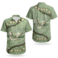 Hawaii Molokai Island Flowers Lei Couples Matching Off Shoulder Short Dress and Hawaiian Shirt Kukui Nut Mossy Green