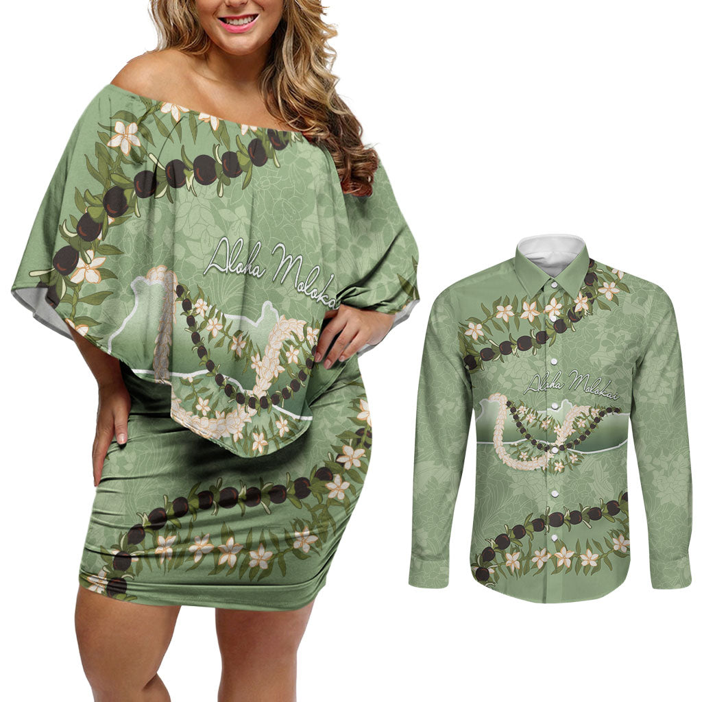 Hawaii Molokai Island Flowers Lei Couples Matching Off Shoulder Short Dress and Long Sleeve Button Shirt Kukui Nut Mossy Green