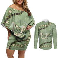 Hawaii Molokai Island Flowers Lei Couples Matching Off Shoulder Short Dress and Long Sleeve Button Shirt Kukui Nut Mossy Green