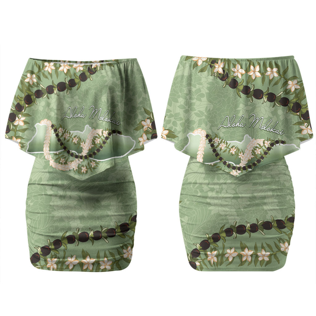 Hawaii Molokai Island Flowers Lei Couples Matching Off Shoulder Short Dress and Long Sleeve Button Shirt Kukui Nut Mossy Green