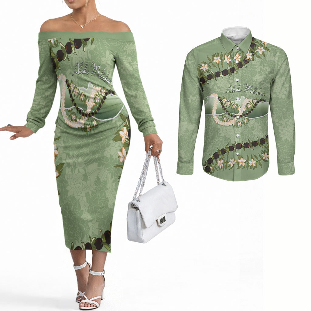 Hawaii Molokai Island Flowers Lei Couples Matching Off The Shoulder Long Sleeve Dress and Long Sleeve Button Shirt Kukui Nut Mossy Green