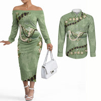 Hawaii Molokai Island Flowers Lei Couples Matching Off The Shoulder Long Sleeve Dress and Long Sleeve Button Shirt Kukui Nut Mossy Green