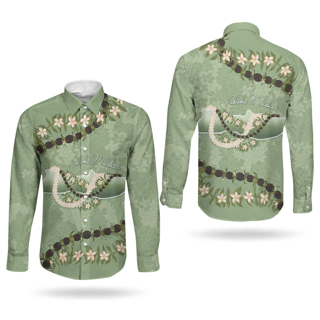 Hawaii Molokai Island Flowers Lei Couples Matching Off The Shoulder Long Sleeve Dress and Long Sleeve Button Shirt Kukui Nut Mossy Green