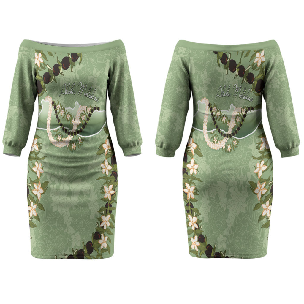 Hawaii Molokai Island Flowers Lei Couples Matching Off The Shoulder Long Sleeve Dress and Long Sleeve Button Shirt Kukui Nut Mossy Green