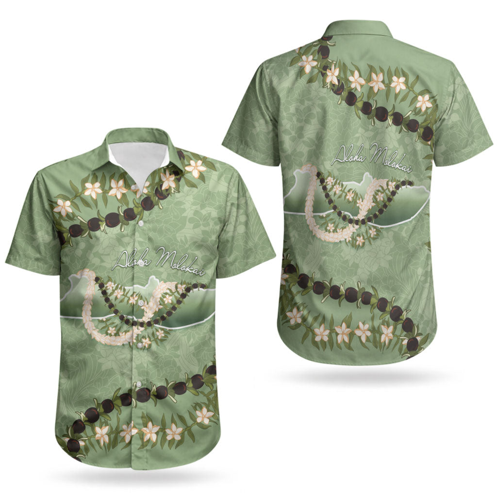 Hawaii Molokai Island Flowers Lei Couples Matching Puletasi and Hawaiian Shirt Kukui Nut Mossy Green