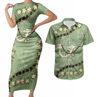 Hawaii Molokai Island Flowers Lei Couples Matching Short Sleeve Bodycon Dress and Hawaiian Shirt Kukui Nut Mossy Green
