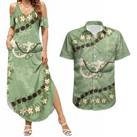 Hawaii Molokai Island Flowers Lei Couples Matching Summer Maxi Dress and Hawaiian Shirt Kukui Nut Mossy Green