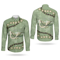 Hawaii Molokai Island Flowers Lei Couples Matching Summer Maxi Dress and Long Sleeve Button Shirt Kukui Nut Mossy Green