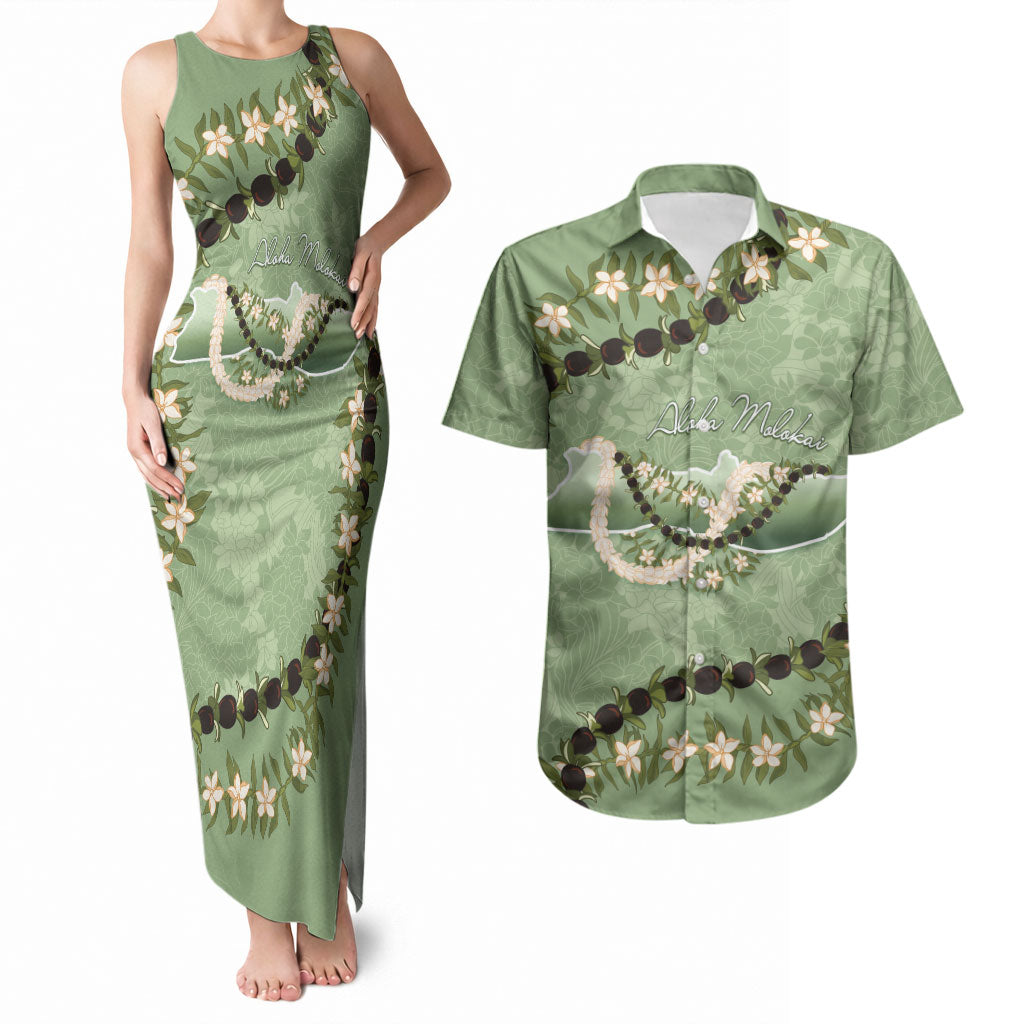 Hawaii Molokai Island Flowers Lei Couples Matching Tank Maxi Dress and Hawaiian Shirt Kukui Nut Mossy Green
