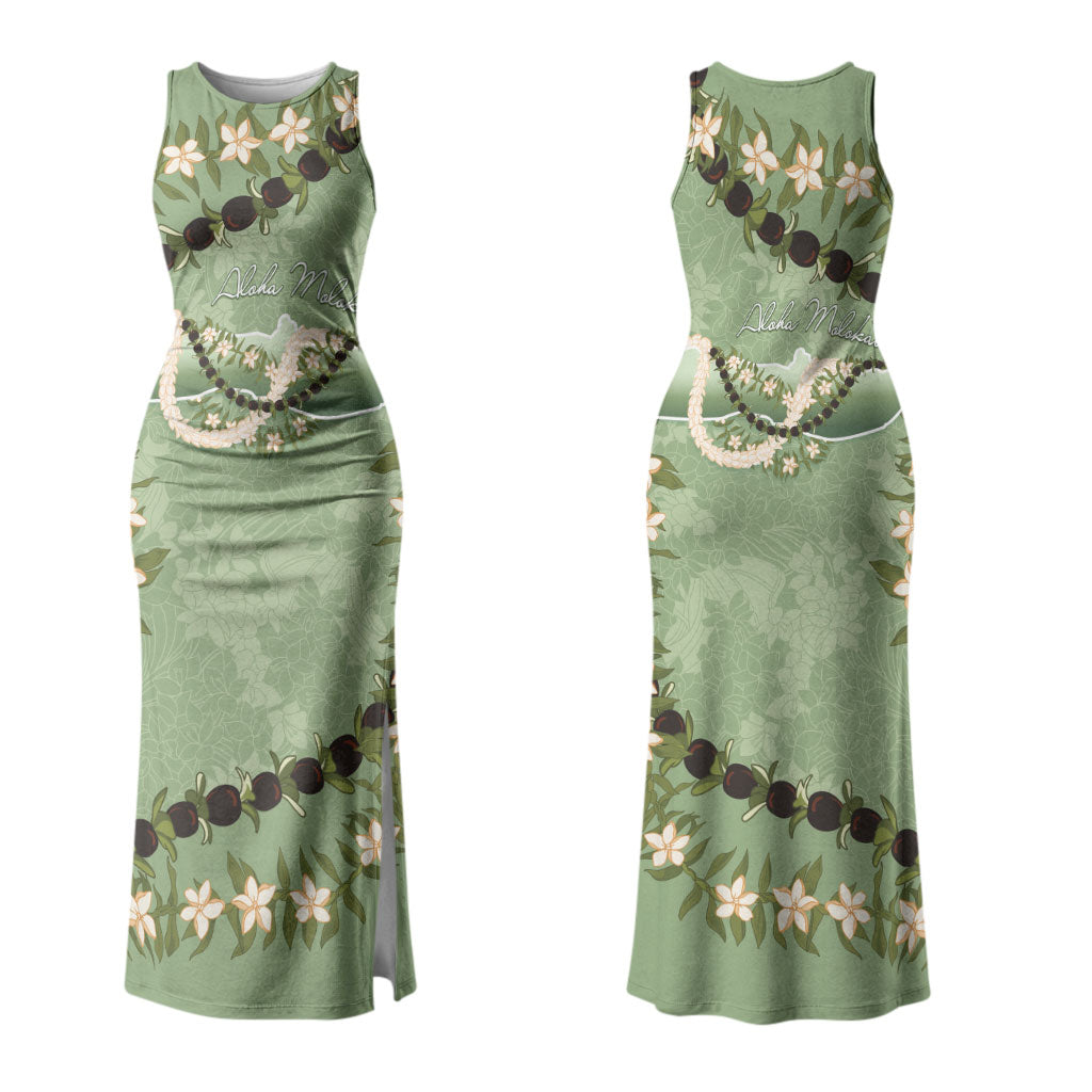 Hawaii Molokai Island Flowers Lei Couples Matching Tank Maxi Dress and Hawaiian Shirt Kukui Nut Mossy Green