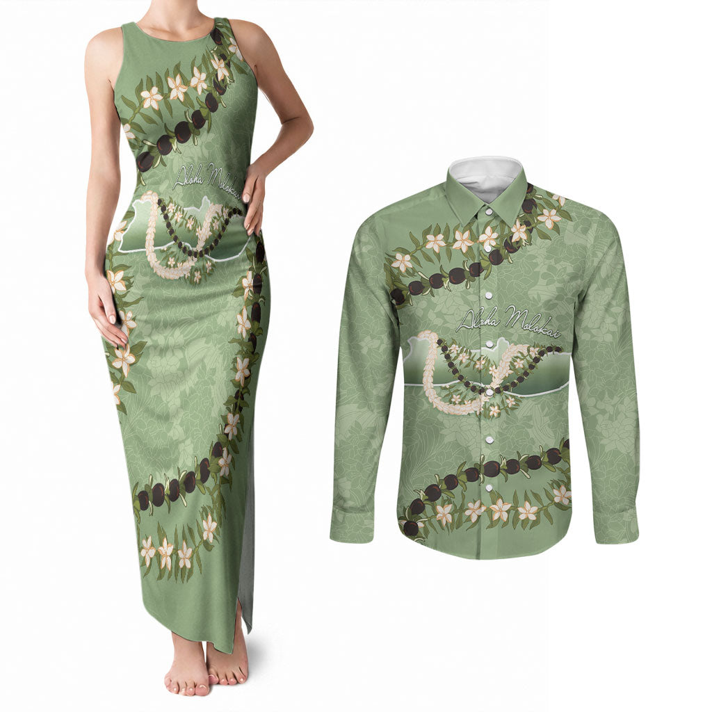 Hawaii Molokai Island Flowers Lei Couples Matching Tank Maxi Dress and Long Sleeve Button Shirt Kukui Nut Mossy Green