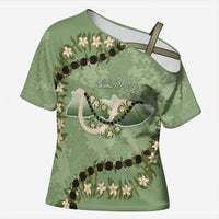 Hawaii Molokai Island Flowers Lei Cross Shoulder Shirt Kukui Nut Mossy Green