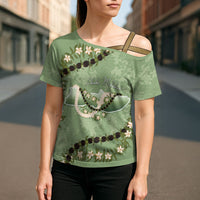 Hawaii Molokai Island Flowers Lei Cross Shoulder Shirt Kukui Nut Mossy Green