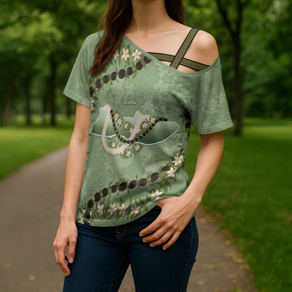 Hawaii Molokai Island Flowers Lei Cross Shoulder Shirt Kukui Nut Mossy Green