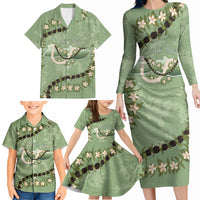 Hawaii Molokai Island Flowers Lei Family Matching Long Sleeve Bodycon Dress and Hawaiian Shirt Kukui Nut Mossy Green