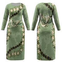 Hawaii Molokai Island Flowers Lei Family Matching Long Sleeve Bodycon Dress and Hawaiian Shirt Kukui Nut Mossy Green