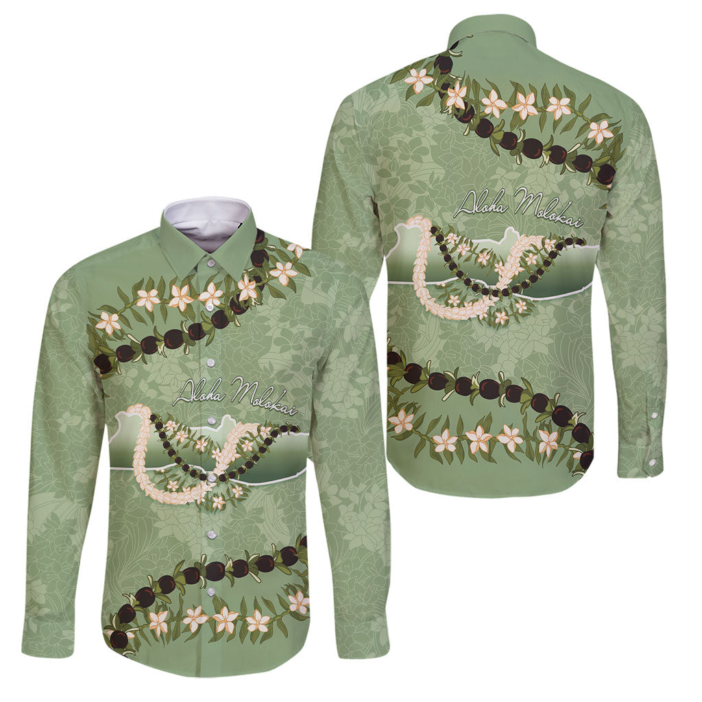 Hawaii Molokai Island Flowers Lei Family Matching Long Sleeve Bodycon Dress and Hawaiian Shirt Kukui Nut Mossy Green