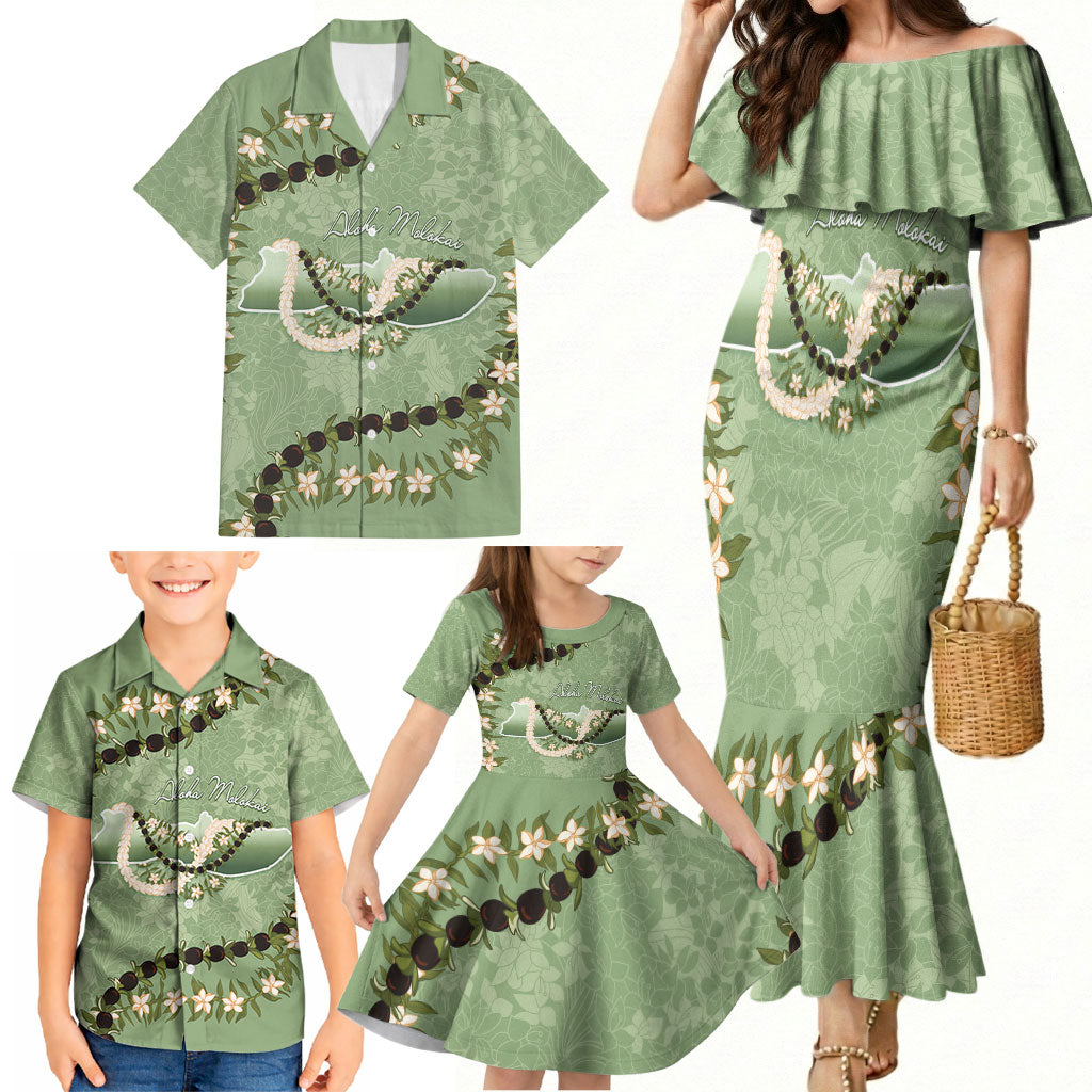 Hawaii Molokai Island Flowers Lei Family Matching Mermaid Dress and Hawaiian Shirt Kukui Nut Mossy Green LT7 - Polynesian Pride