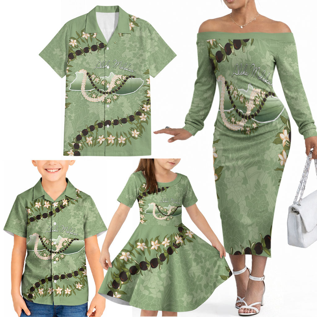 Hawaii Molokai Island Flowers Lei Family Matching Off The Shoulder Long Sleeve Dress and Hawaiian Shirt Kukui Nut Mossy Green