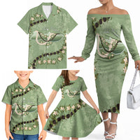 Hawaii Molokai Island Flowers Lei Family Matching Off The Shoulder Long Sleeve Dress and Hawaiian Shirt Kukui Nut Mossy Green
