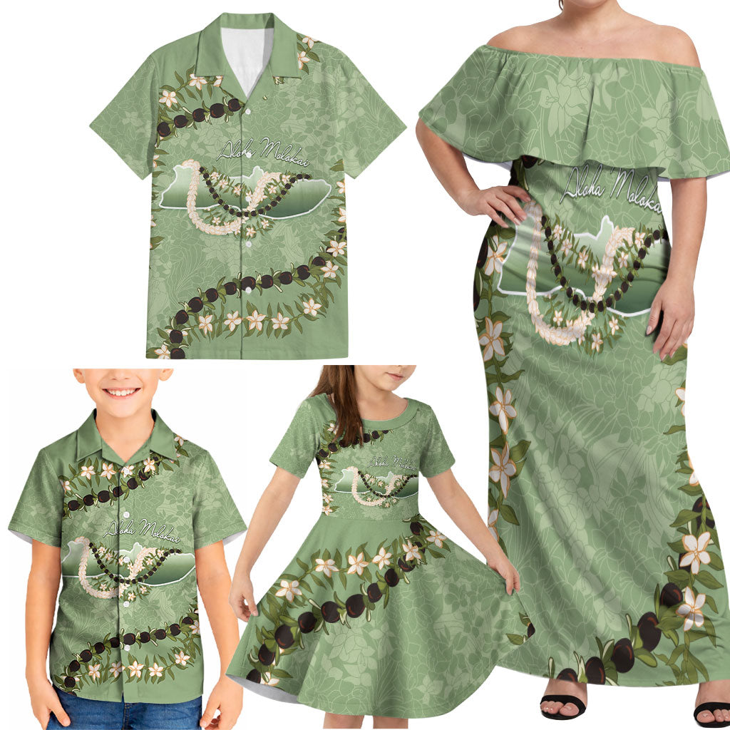 Hawaii Molokai Island Flowers Lei Family Matching Off Shoulder Maxi Dress and Hawaiian Shirt Kukui Nut Mossy Green LT7 - Polynesian Pride