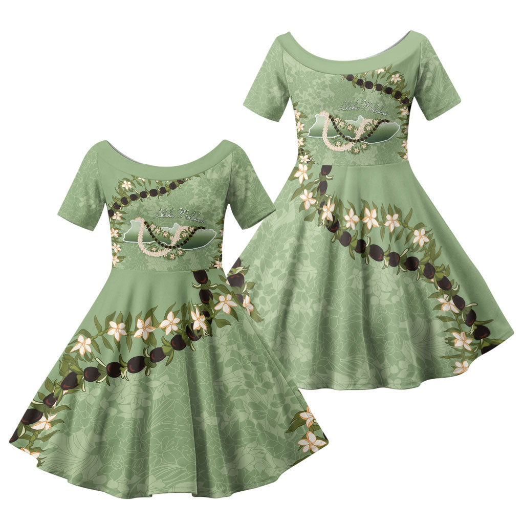 Hawaii Molokai Island Flowers Lei Family Matching Off Shoulder Maxi Dress and Hawaiian Shirt Kukui Nut Mossy Green