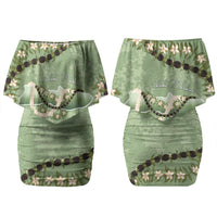 Hawaii Molokai Island Flowers Lei Family Matching Off Shoulder Short Dress and Hawaiian Shirt Kukui Nut Mossy Green
