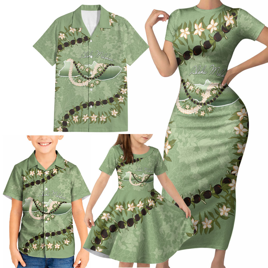Hawaii Molokai Island Flowers Lei Family Matching Short Sleeve Bodycon Dress and Hawaiian Shirt Kukui Nut Mossy Green LT7 - Polynesian Pride