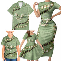 Hawaii Molokai Island Flowers Lei Family Matching Short Sleeve Bodycon Dress and Hawaiian Shirt Kukui Nut Mossy Green