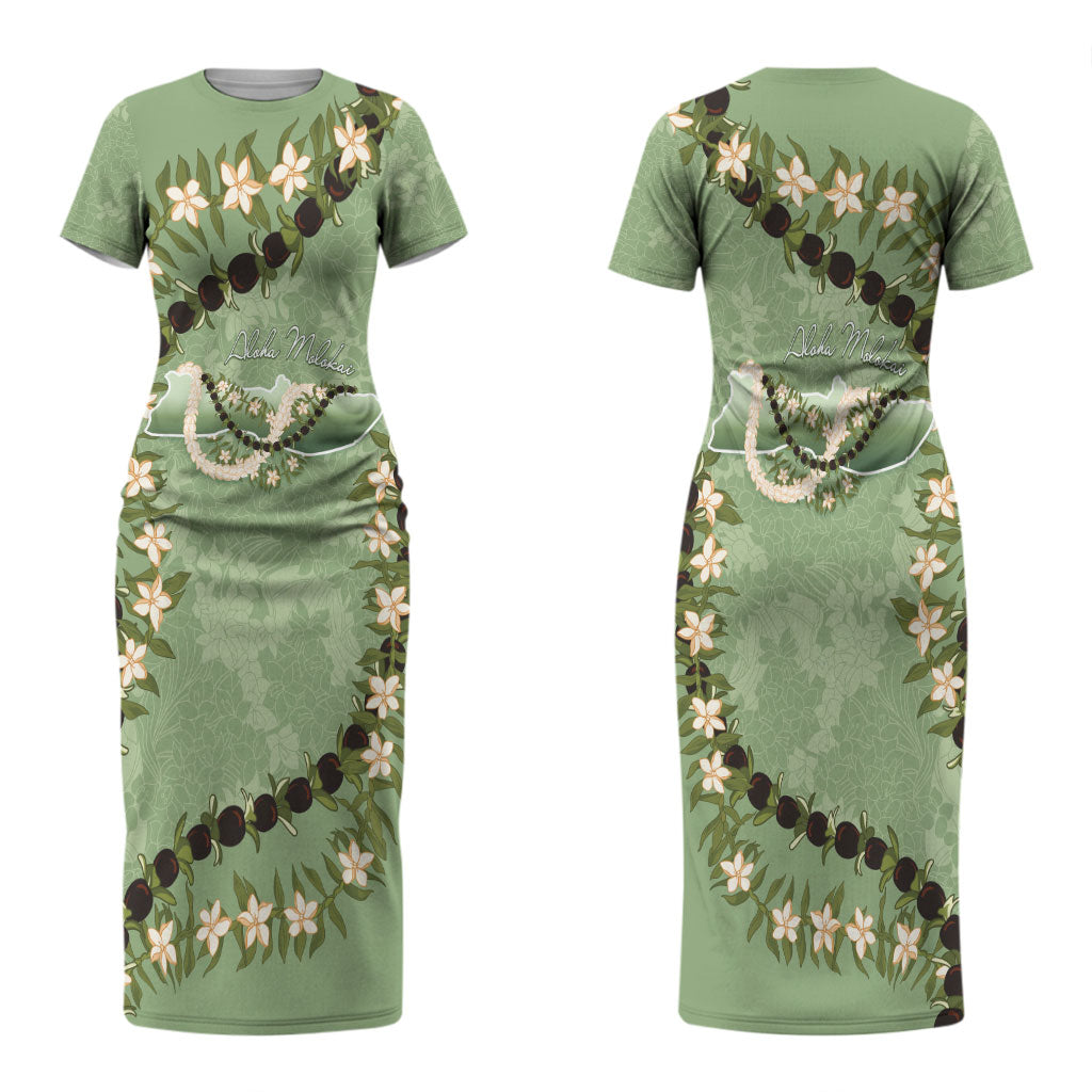 Hawaii Molokai Island Flowers Lei Family Matching Short Sleeve Bodycon Dress and Hawaiian Shirt Kukui Nut Mossy Green