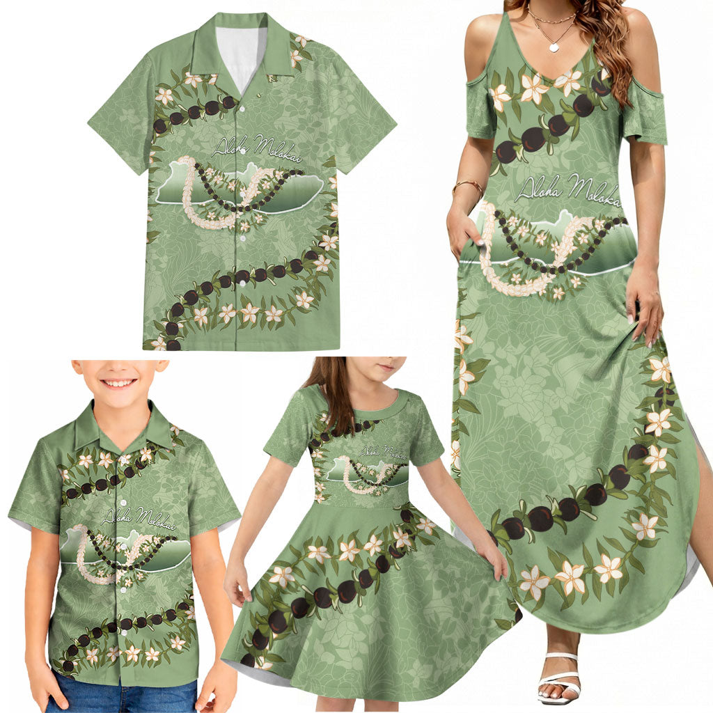 Hawaii Molokai Island Flowers Lei Family Matching Summer Maxi Dress and Hawaiian Shirt Kukui Nut Mossy Green