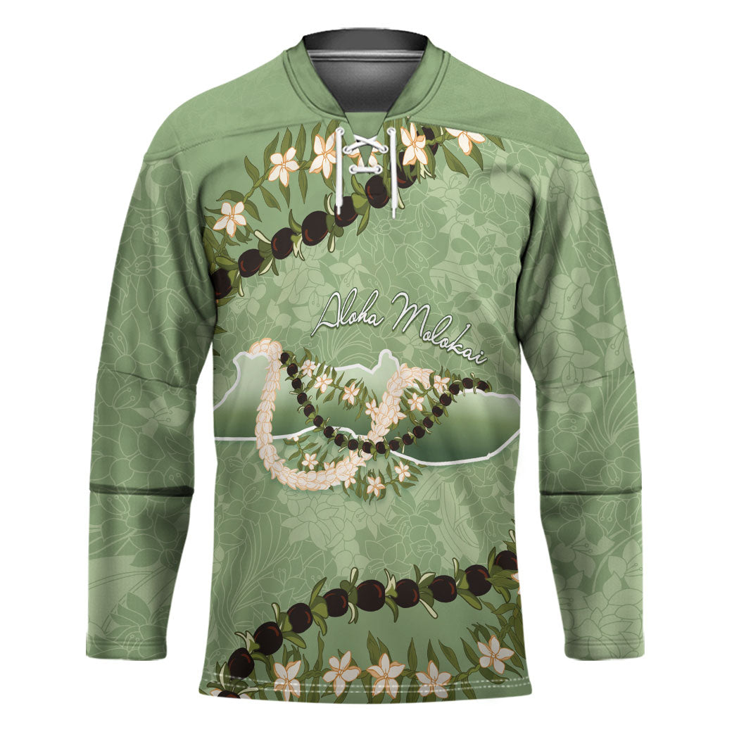 Hawaii Molokai Island Flowers Lei Hockey Jersey Kukui Nut Mossy Green