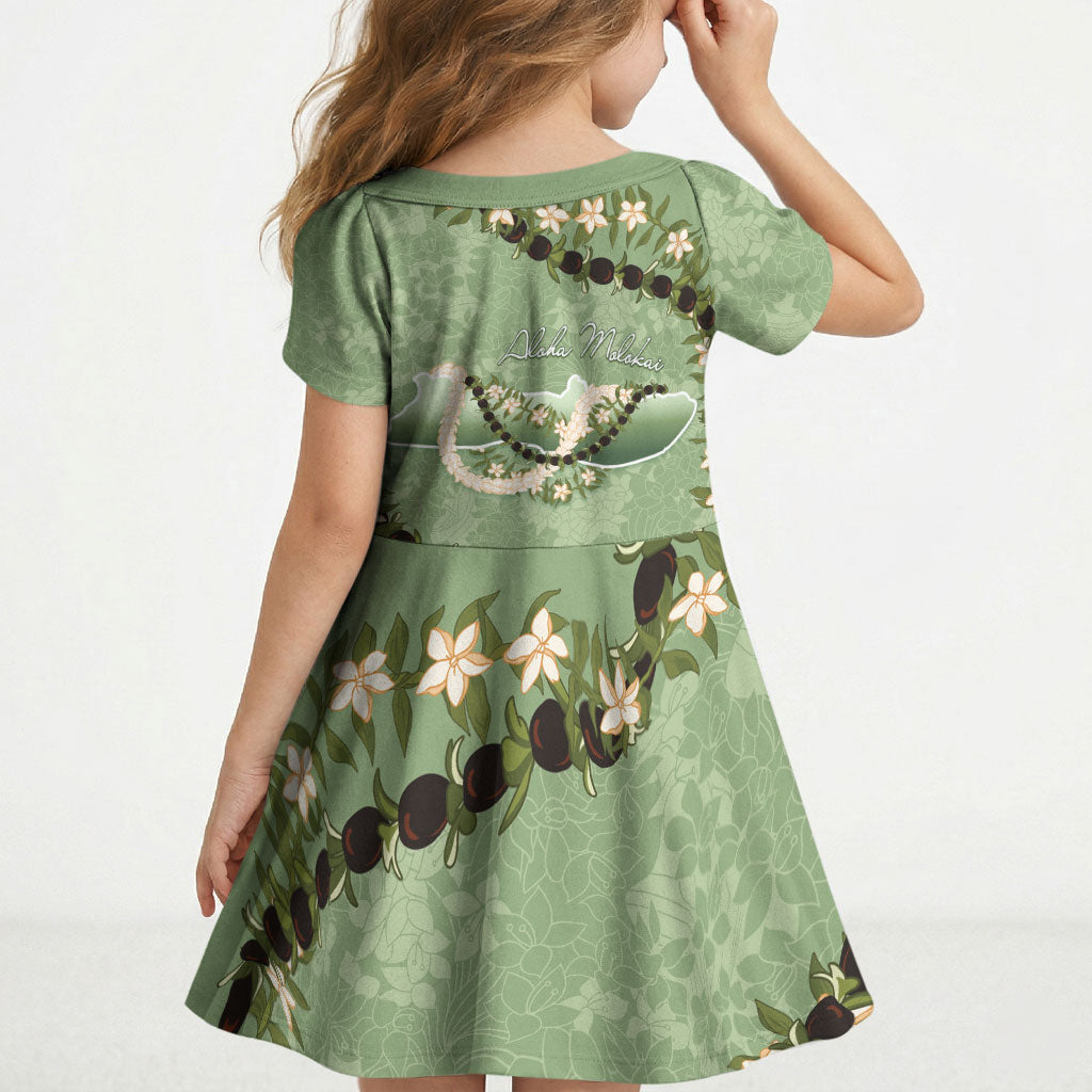 Hawaii Molokai Island Flowers Lei Kid Short Sleeve Dress Kukui Nut Mossy Green