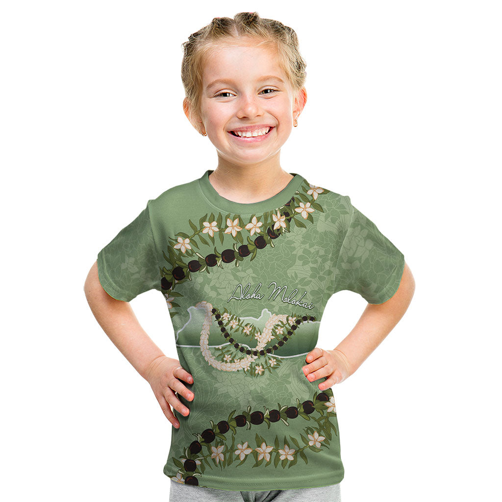 Hawaii Molokai Island Flowers Lei Kid T Shirt Kukui Nut Mossy Green