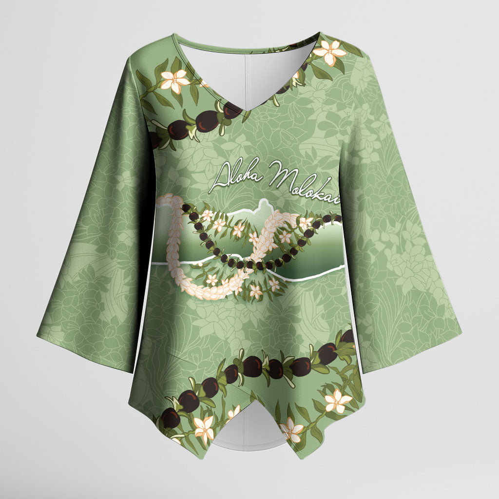 Hawaii Molokai Island Flowers Lei Kimono Sleeve Blouse Kukui Nut Mossy Green