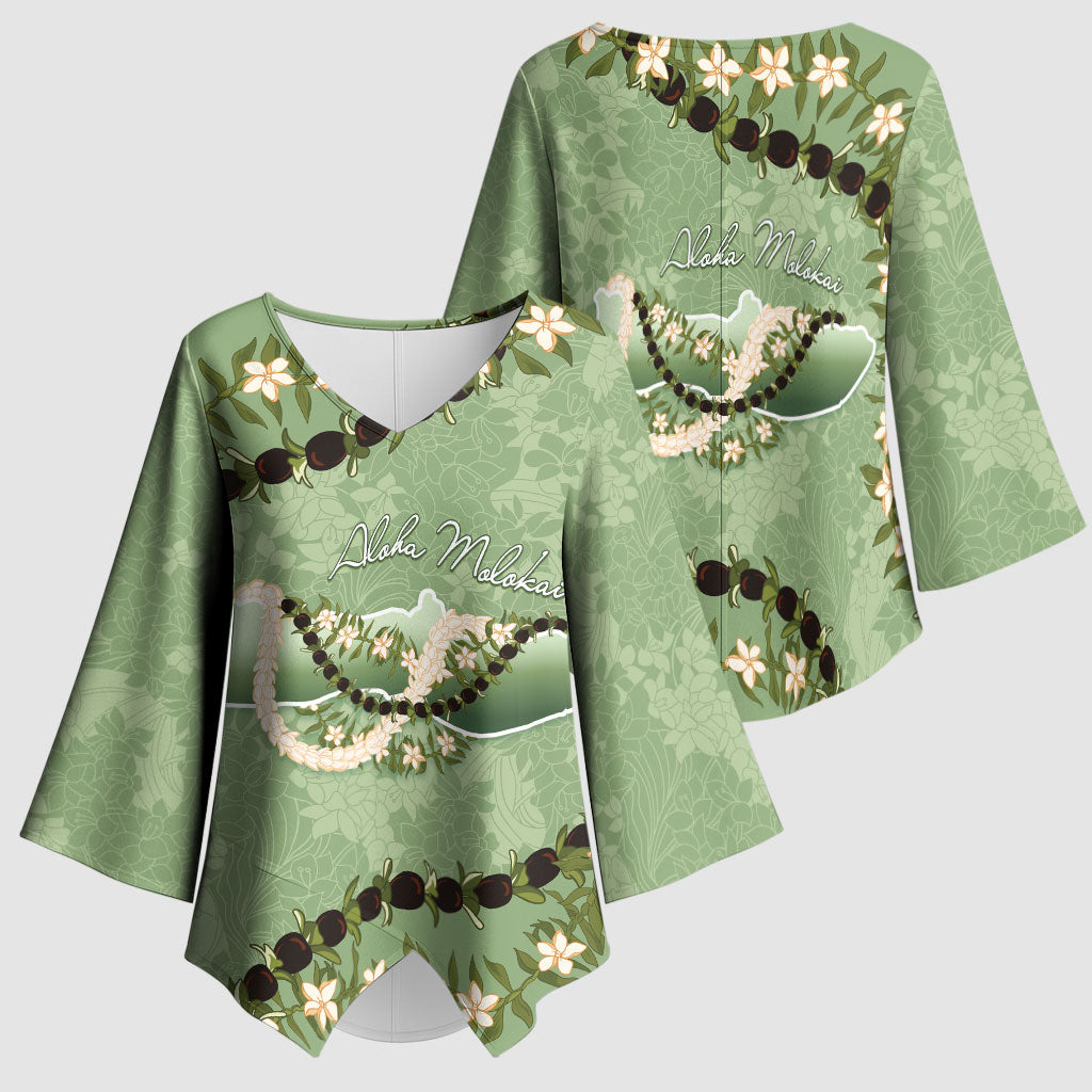 Hawaii Molokai Island Flowers Lei Kimono Sleeve Blouse Kukui Nut Mossy Green