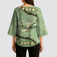 Hawaii Molokai Island Flowers Lei Kimono Sleeve Blouse Kukui Nut Mossy Green