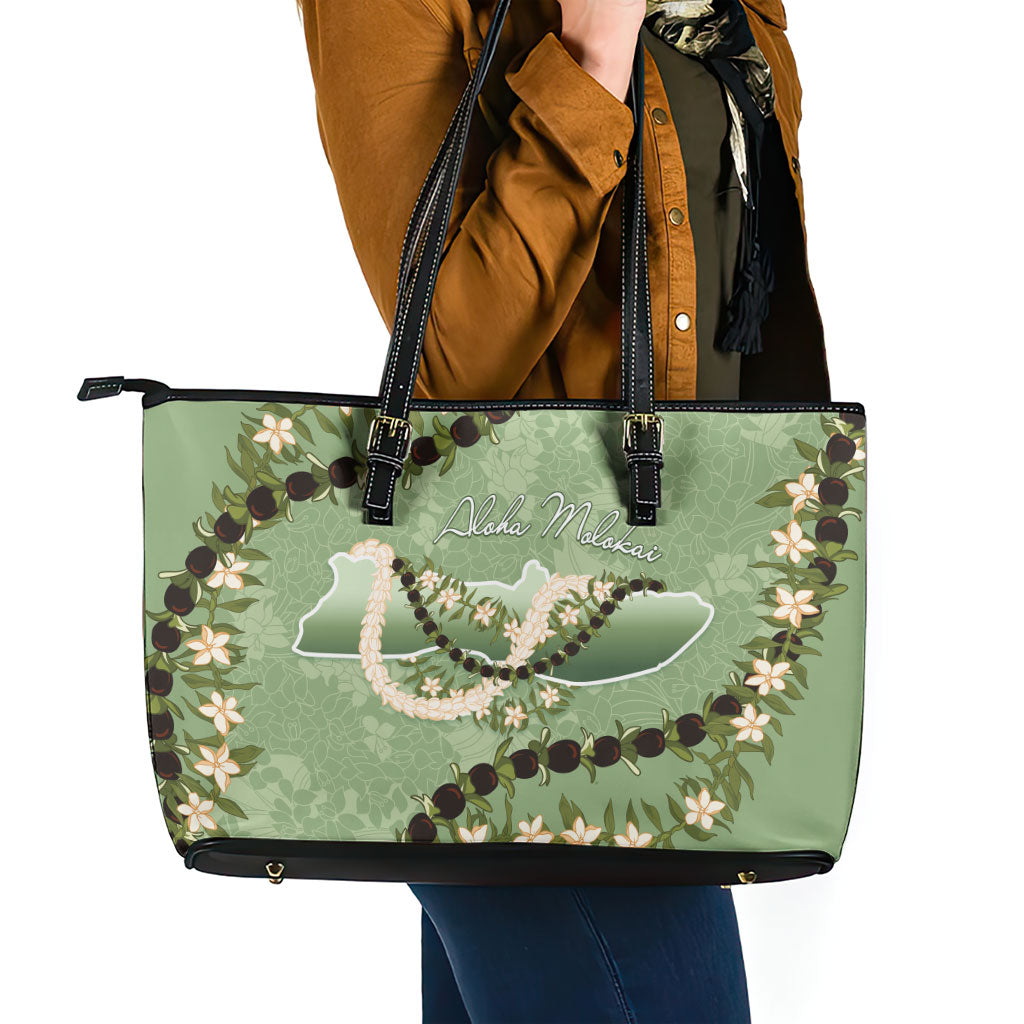 Hawaii Molokai Island Flowers Lei Leather Tote Bag Kukui Nut Mossy Green