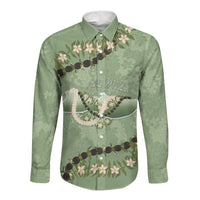 Hawaii Molokai Island Flowers Lei Long Sleeve Button Shirt Kukui Nut Mossy Green