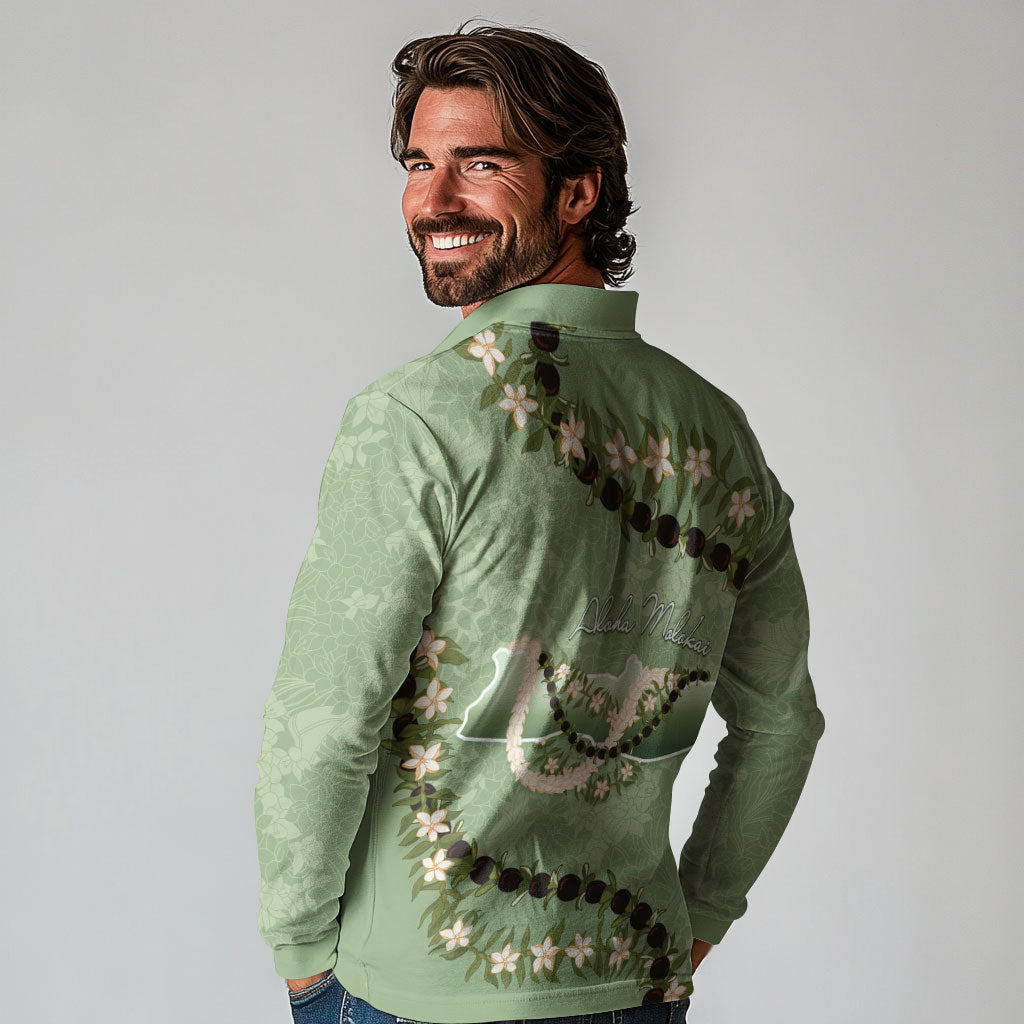 Hawaii Molokai Island Flowers Lei Long Sleeve Polo Shirt Kukui Nut Mossy Green