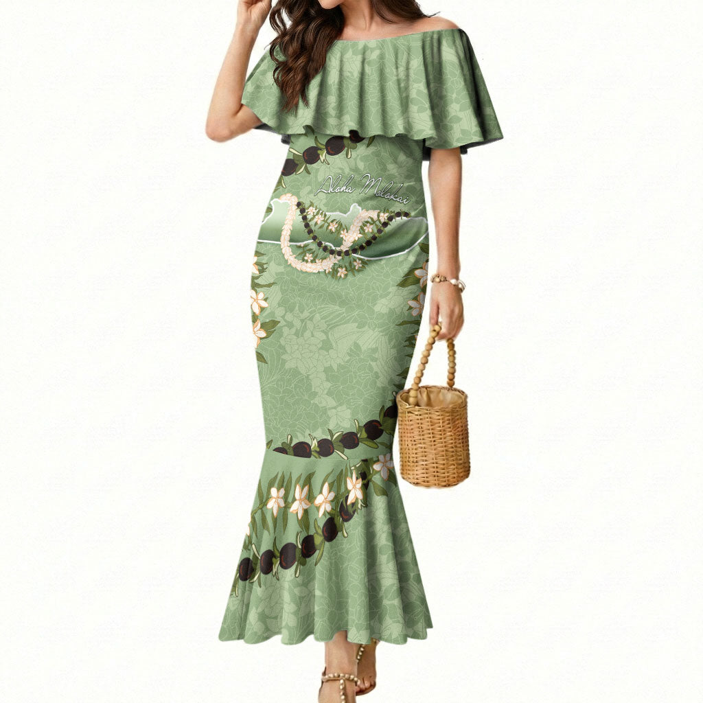 Hawaii Molokai Island Flowers Lei Mermaid Dress Kukui Nut Mossy Green
