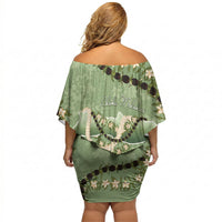 Hawaii Molokai Island Flowers Lei Off Shoulder Short Dress Kukui Nut Mossy Green