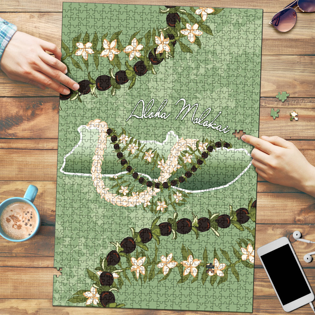 Hawaii Molokai Island Flowers Lei Puzzle Kukui Nut Mossy Green LT7 Moss Green - Polynesian Pride