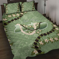 Hawaii Molokai Island Flowers Lei Quilt Bed Set Kukui Nut Mossy Green