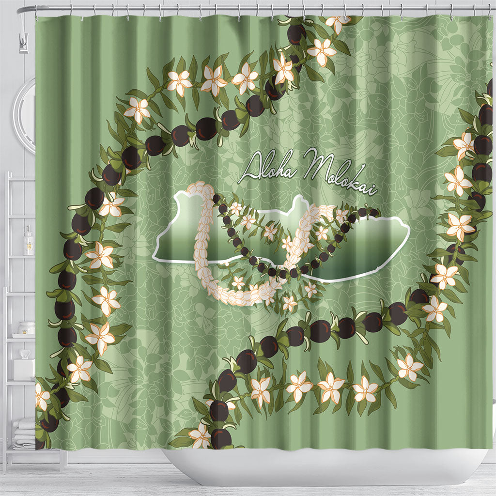 Hawaii Molokai Island Flowers Lei Shower Curtain Kukui Nut Mossy Green